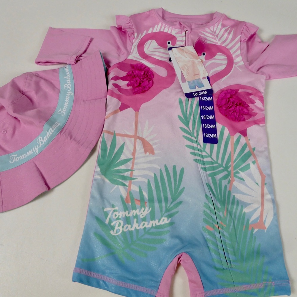 Tommy Bahama 2 Pc Swim Set w Matching Bucket Hat Flamingo  UPF 50 NWT